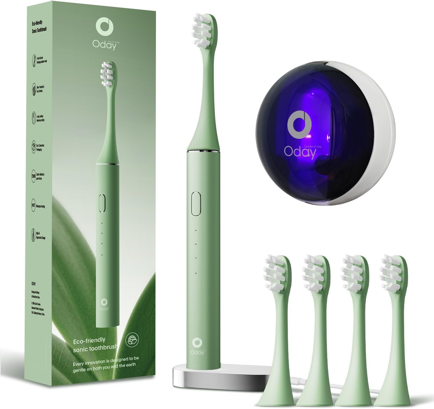 ODAY Sonic Electric Toothbrush for Adults with Wall Mounted UV-Cleaning Toothbrush Holder and 4 Brush Heads, Wireless Charging, IPX7 Waterproof, 1 Month+ Battery, Green