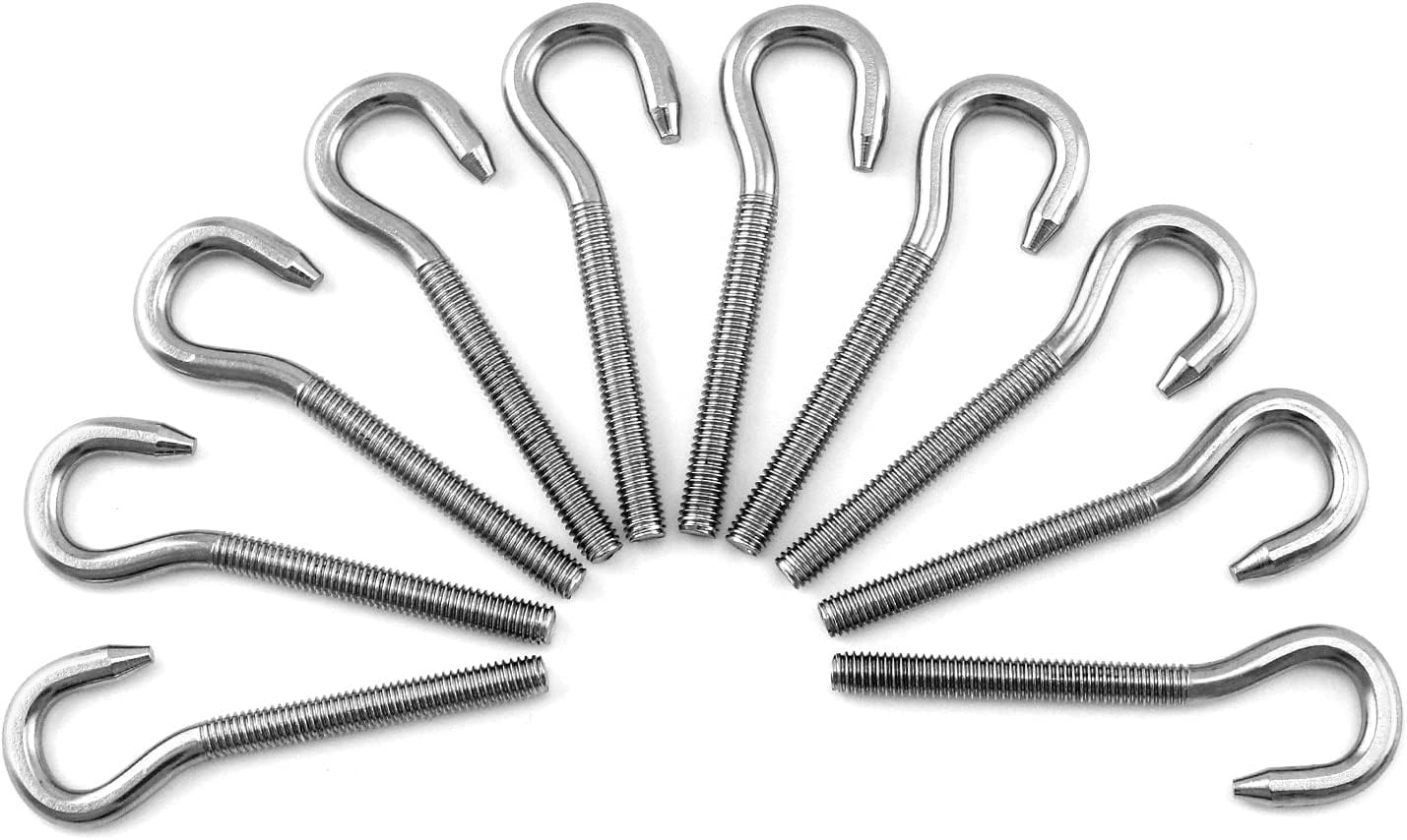 QWORK M6 Hook Bolt 304 Stainless Steel Ring Screw - 10 Pack High Hardness Steel Bolt with Screw Hook