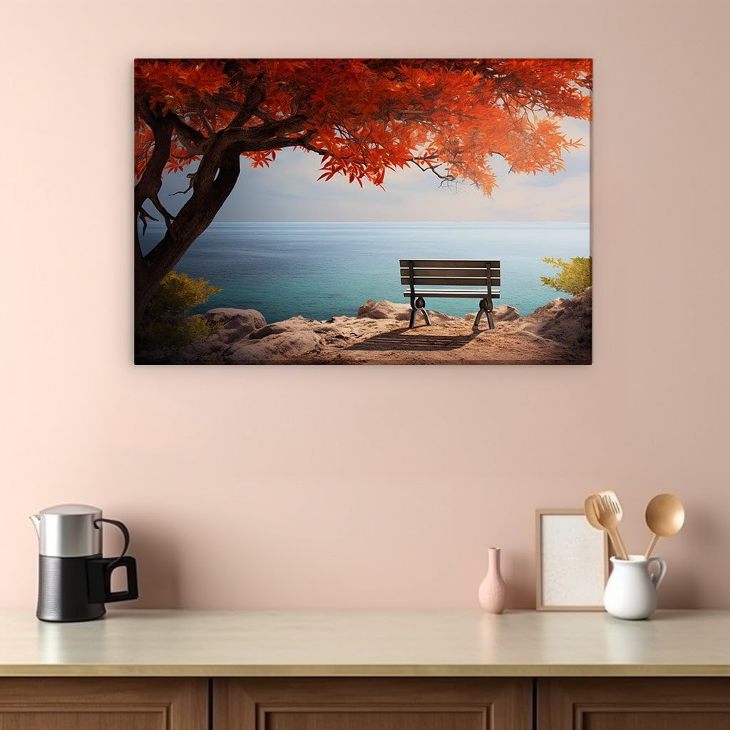 Canvas for Living room. Autumn Serenity by the Shoreline � A Bench Beneath The Fiery Foliage Overlooking the Whispering Waves, 27 x 18 inch Canvas Wall Art - Modern Home Decor