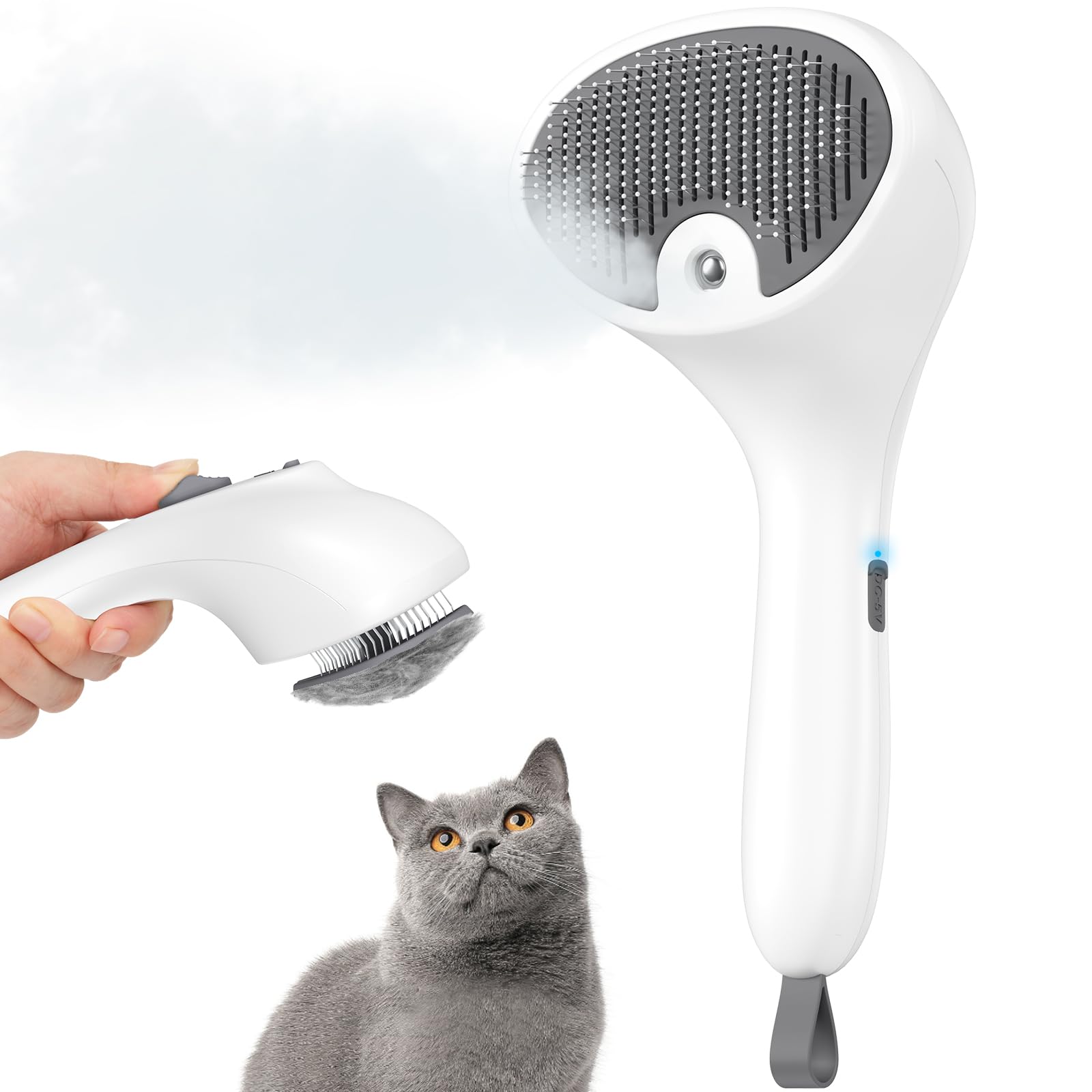 Cepillo a Vapor para Gatos con Botón de Liberación, [Diseño Ultra-Silencioso/Mango Ergonómico] Cepillo gato Vapor Recargable para Mascotas, Cepillo para Gatos y Perros