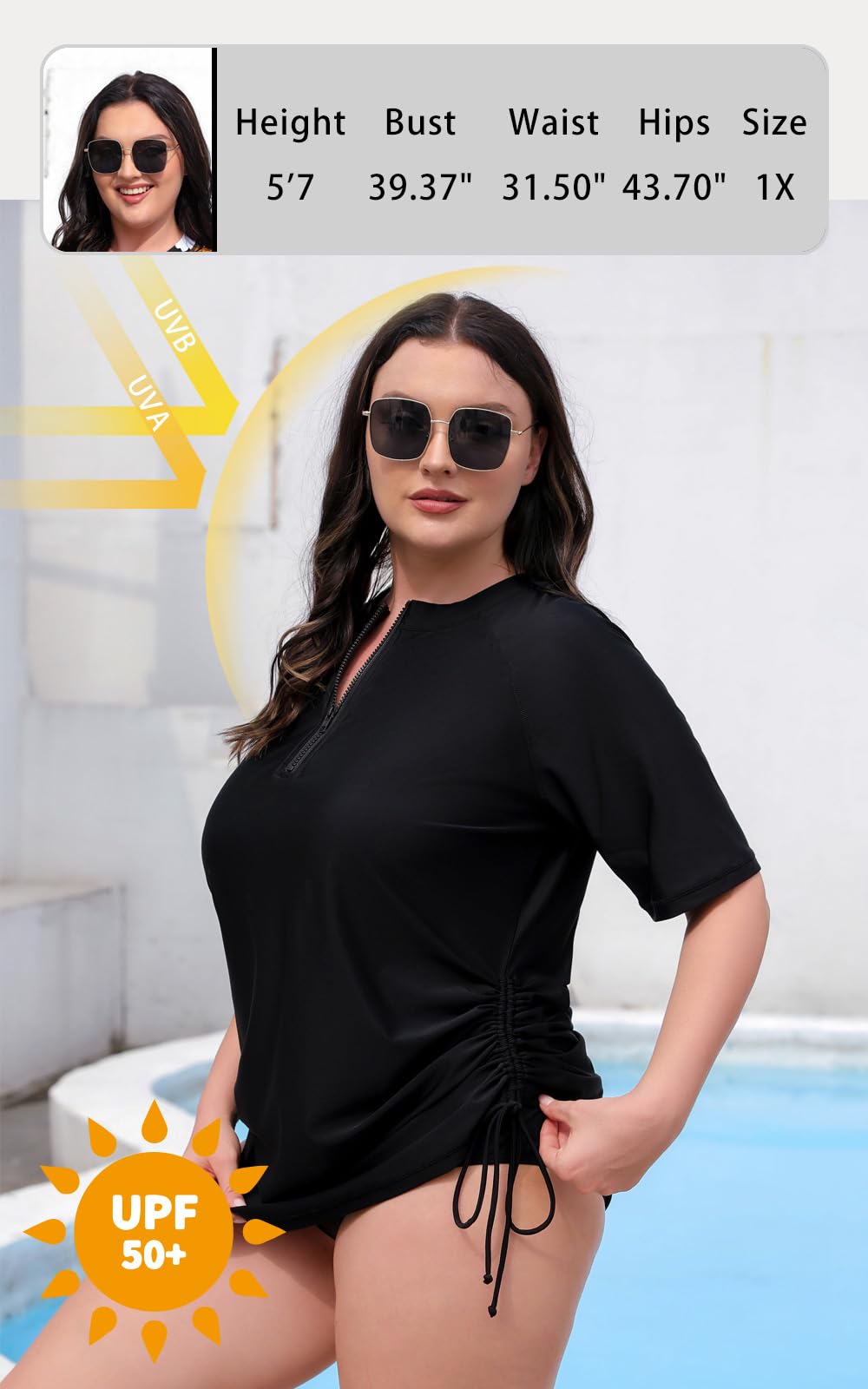 Halcurt Camiseta de natación para Mujer, Talla Grande, con protección UV, Manga Corta, Negro (Negro 3), XL Große Größen