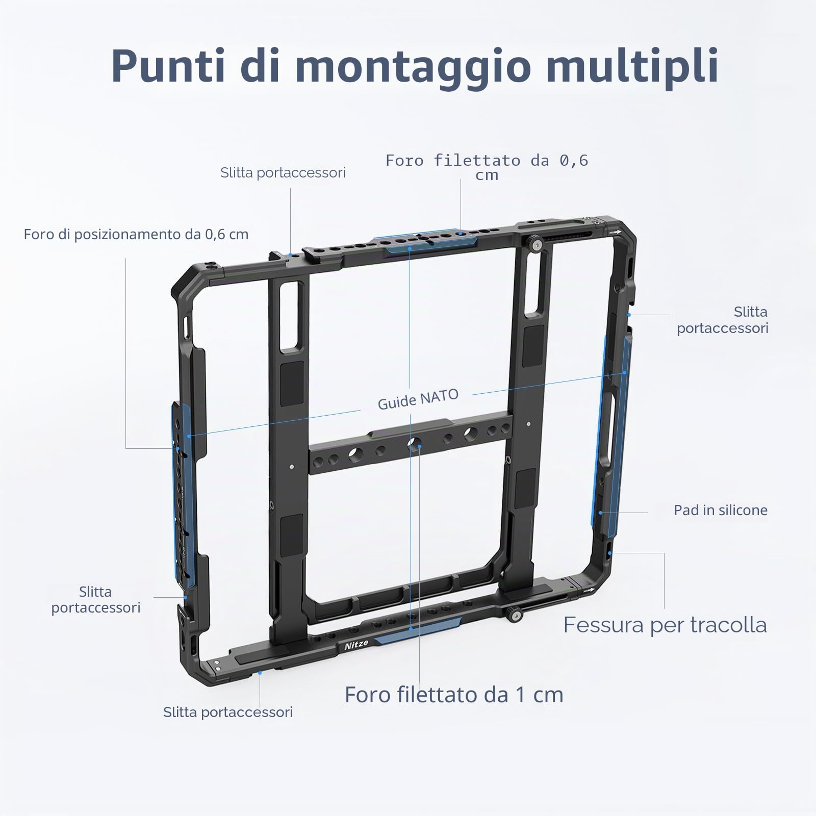 Nitze iPad Cage, Gabbia per iPad Pro 13" M5/M4, iPad Air 13" M4/M3/M2, iPad Pro 12.9" 6/5/4/3 Generazione e Altri Tablet da 11.5" a 13" - T-TC02A