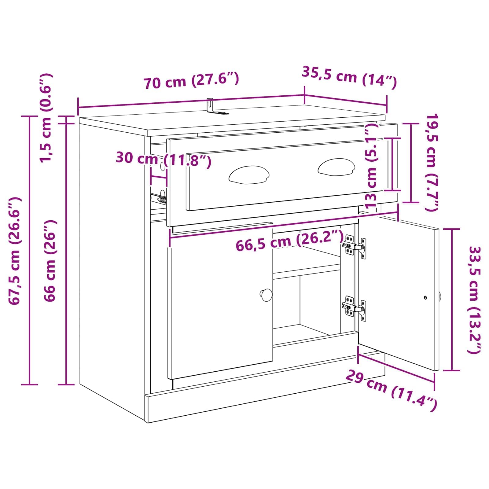 Meuble haut noir aspect chêne en bois 70 x 35,5 x 67,5 cm avec tiroir et portes, buffet moderne pour salon, salle à manger et couloir, rangement polyvalent avec étagère et étagère