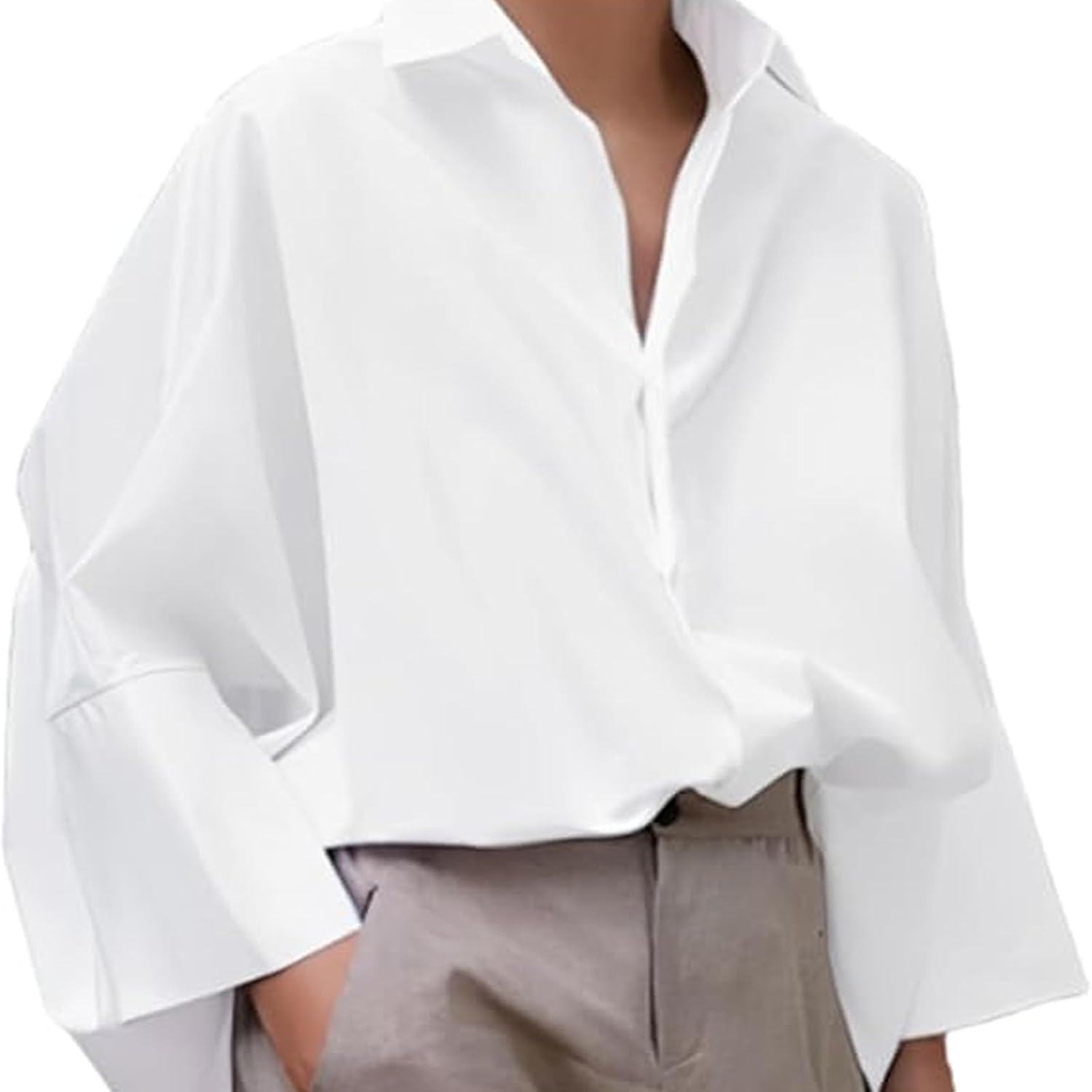 Women's Loose White Long - Sleeved Shirt, 2025 Office Drop Shoulder Blouse, Women Oversized Button Down Shirts