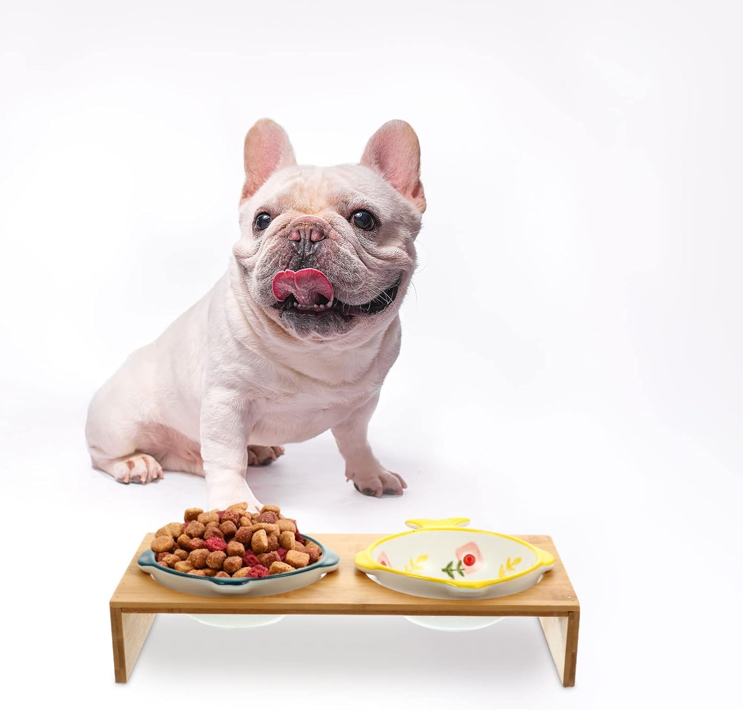 Creative Elevated Pet Bowls with Bamboo Stand Double Ceramic Puppy and Cat Bowls for Comfortable Feeding Joint Relief and Whisker Fatigue Prevention