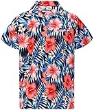 King Kameha Funky Camisa-Hawaiana, Manga-Corta, Tropical-Hibiscus, Negro-Azul, XS