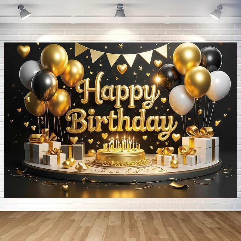 Luxurious Black Gold Happy Birthday Backdrop Banner Black Gold Photography Background for Home Outdoor Birthday Party Decoration Supplies 70.8 x 47.2