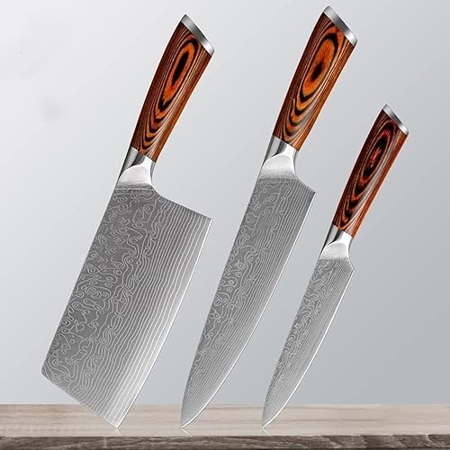 Miniatura 1 de OOGHE Meat Cleaver, 3PCS Kitchen Chef Knife Set High Carbon 5Cr15 Steel Utility Slicing Knife Pakka Wood Handle Fillet Cleaver Chef Knife