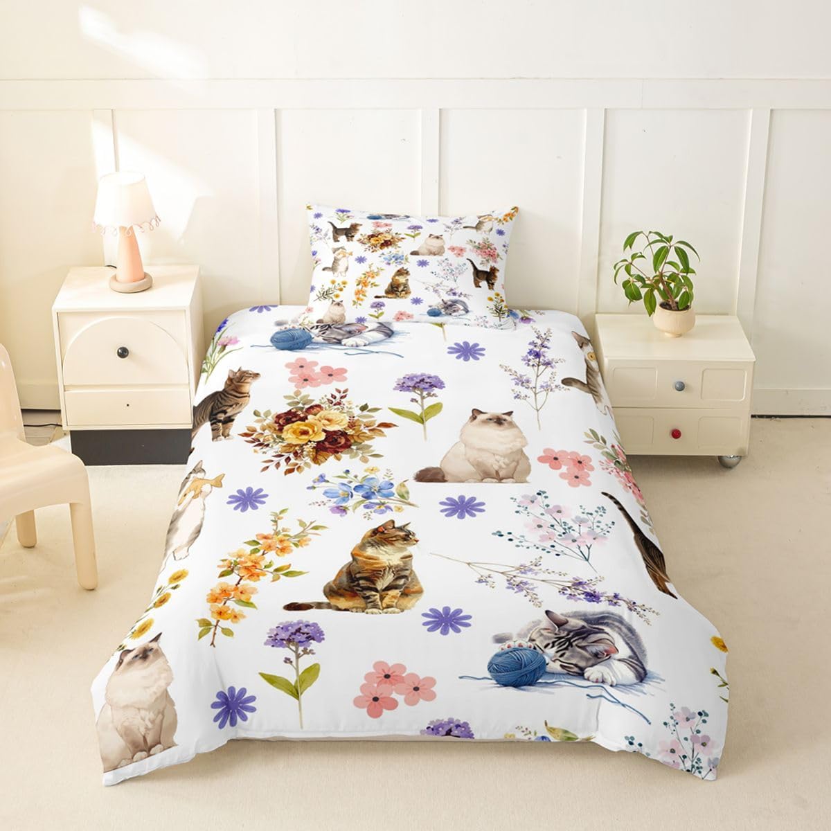 Castle Fairy Floral Cat Duvet Cover Set Toddler Kawaii Animal Flowers Bedding Set with 1 Pillowcase Cute Animals Comforter Cover Kids Boys Bedroom Decor No Comforter White Yellow