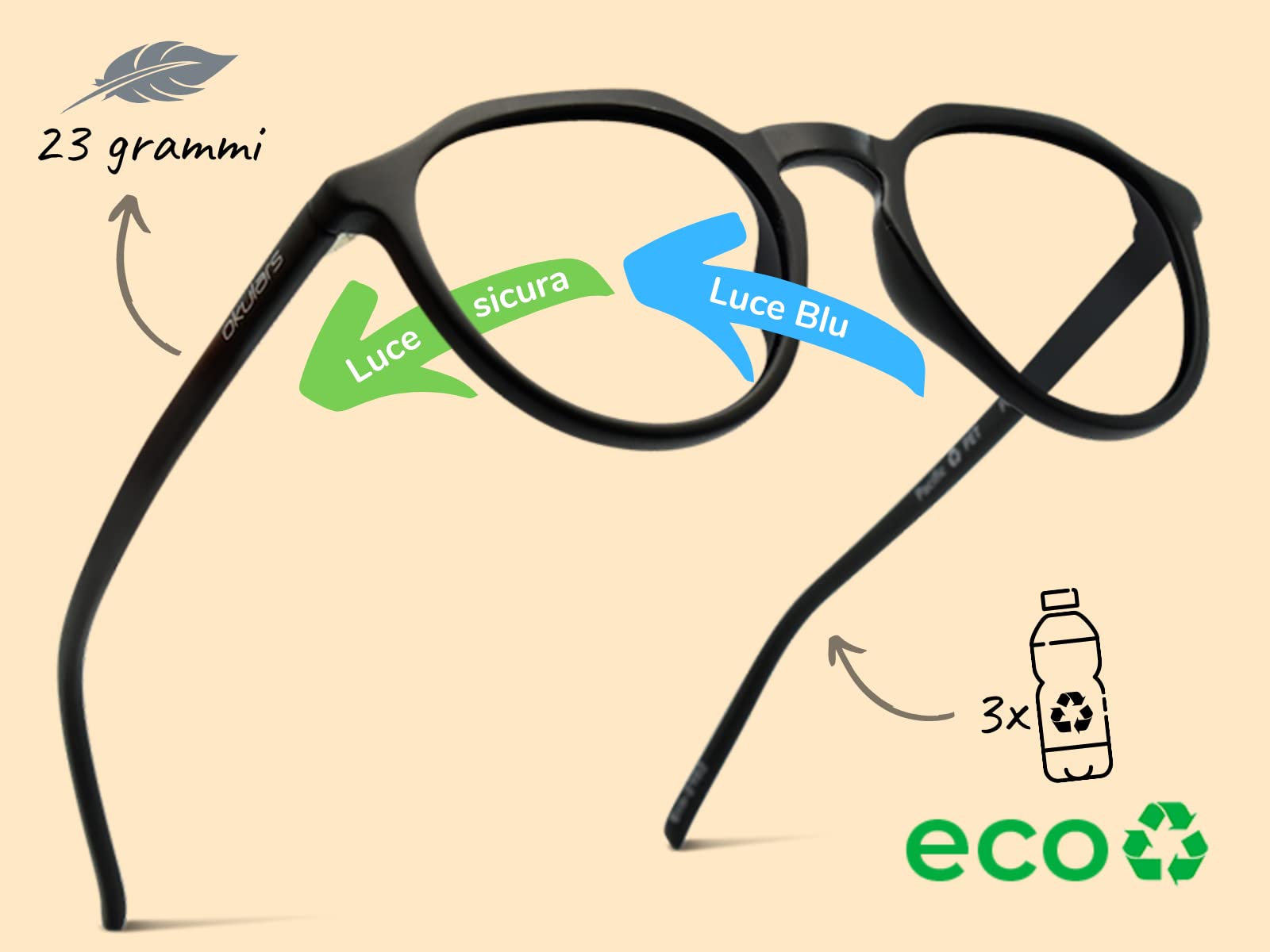 Okulars® Eco Pacific Recycled PET - Anti-Blue Light Filter Glasses for Men and Women Black, One Size - Image 2
