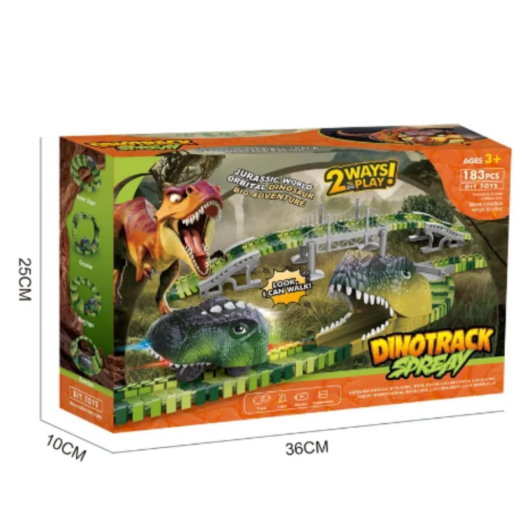 Black Foru 183 Pcs Dinosaur Race Toys Set with Flexible Train Tracks, 2 Dinosaurs, 1 Light Dino Car, Kids Toddlers Race Car Toys for 3 4 5 6 7 8 Year Old Boys Girls Christmas Birthday Gifts 1