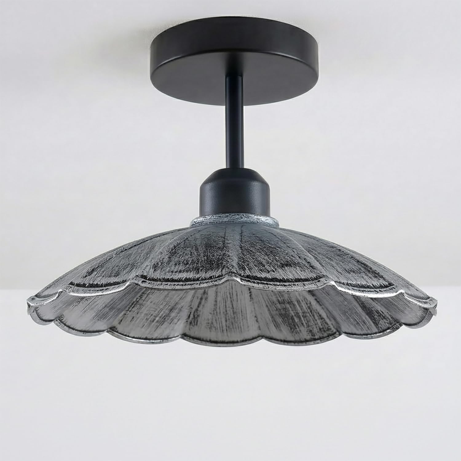 LEDSone Industrial Semi Flush Mount E27 Base Metal 22cm lampshade Indoor Ceiling Light for Living Room Bedroom Hallway Kitchen (Brushed Silver Without Bulb)