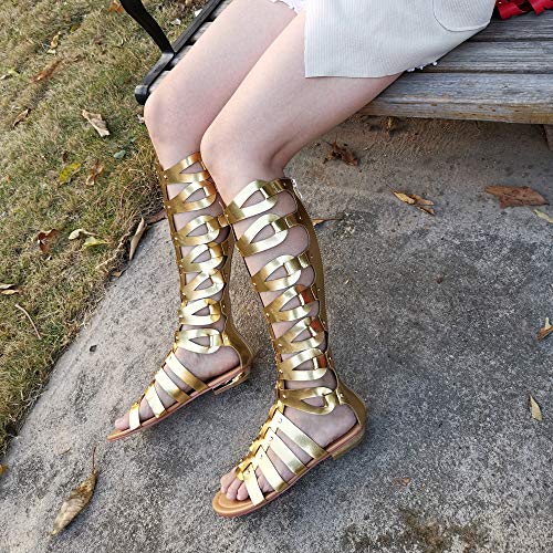 Camssoo Women's Open Toe Knee High Sandals Strap Gladiator Vamp With Back Zipper Closure Outdoor Flat Long Boots Boots Gold Pu Size Us8.5 Eu39 #TOP5