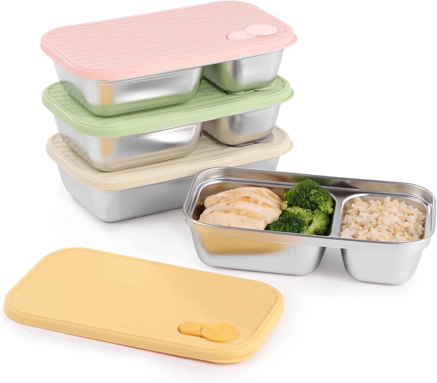4 Pcs Stainless Steel Snack Containers, 600 ML Reusable Food Storage Containers with Lids, Double Compartment Bento Box 7.5 x 4.3 x 1.8 in, Safe for Dishwasher, Picnic, Camping, Travel