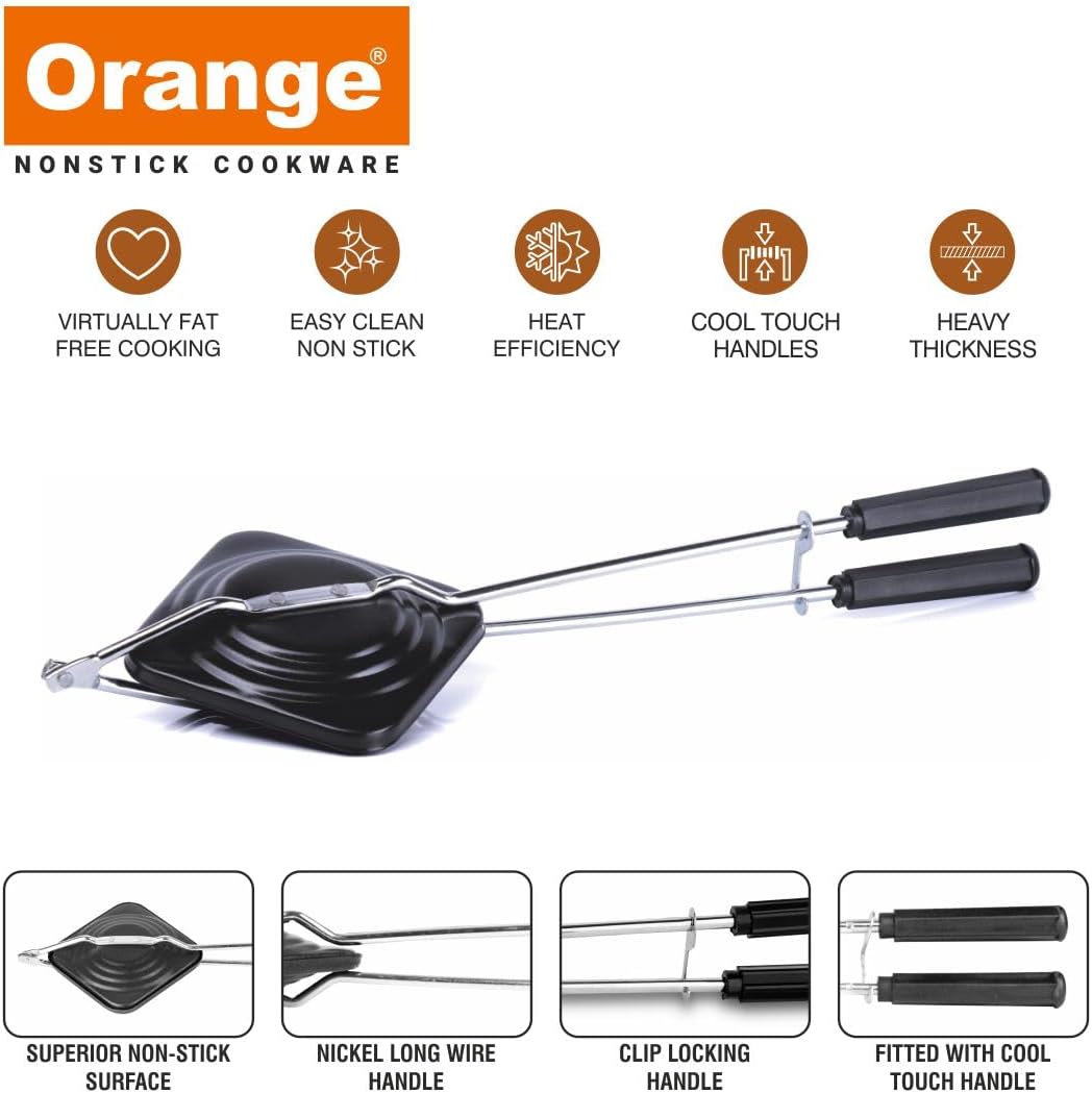Orange Non-Stick Sandwich Toaster with free nylon Tongs & Scrubber | Daily Use, non-electric Sandwich Maker | Gas Stove Compatible| Black