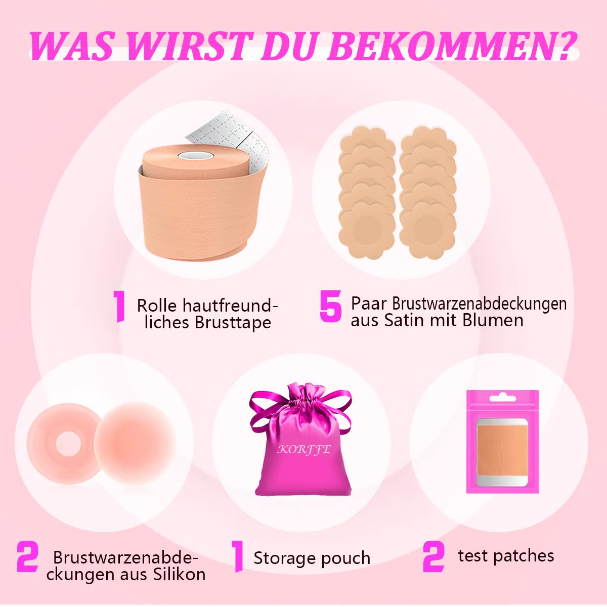 Korffe Brust Tape Klebe BH Push Up, Boob Tape Set für Klebe BH Große Brust Rückenfrei BH 2 Wiederverwendbare Unsichtbar Silikon Brüste Nippelpads Body Damen Tape für Körbchengrößen A-G