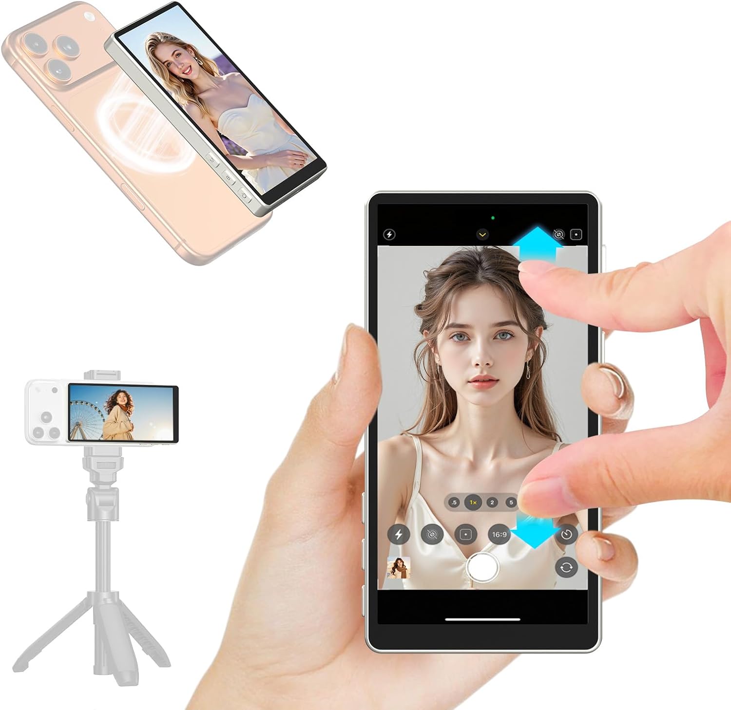 Newmowa 5" Magnetic Vlog Selfie Monitor Screen,Touchscreen and Zoom Focus,Built-in Speaker,Direct Connection,4K 30fps Wireless Monitor for TikTok,Compatible with iPhone 11-17,Samsung S23-S25(Grey)