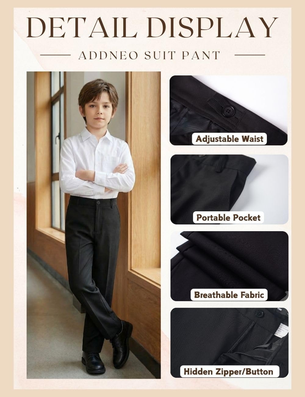 Boys Formal Dress Pants Slim Fit Adjustable Waist Trousers for School Uniform Wedding Party