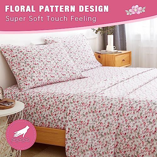 Queen Sheet Set 4Pc Printed Pink Flower Sheets Pattern Double Bed Luxury Cooling Soft Microfiber Floral Sheet Queen With 17” Deep Pocket, Easy Care, Breathable, Wrinkle Free, Machine Washable Bedding #TOP1