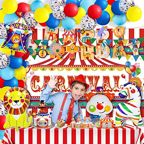 Circus Theme Party Decorations, Carnival Decorations Include Confetti Balloon Arch, Carnival Backdrop, Tablecloth, Happy Birthday Banners, Circus Foil Balloons For Boys Girls Birthday Party Supplies #TOP4