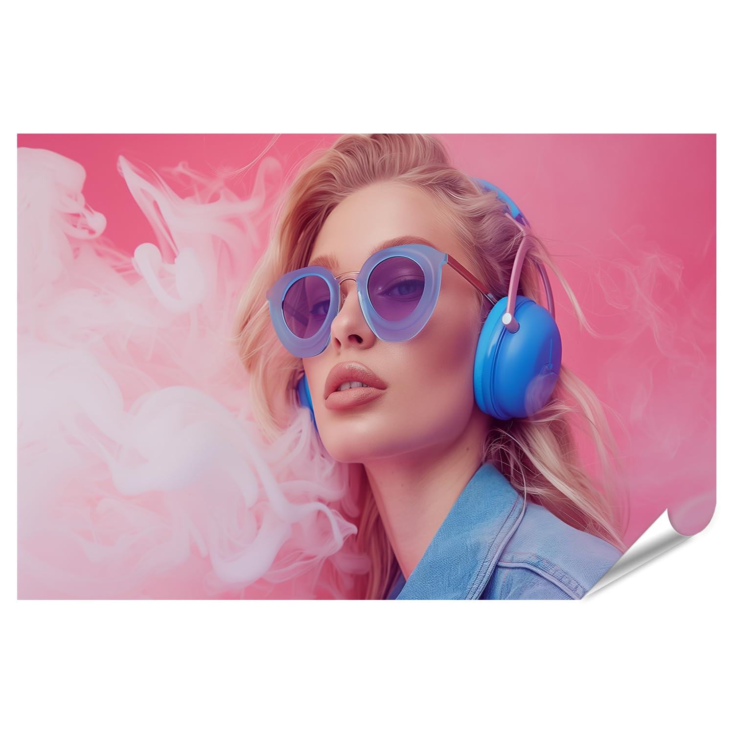 islandburner Prime XXL - Poster da donna con cuffie blu e fumo su sfondo rosa, per camera da letto, amanti della musica, negozio di musica, immagini premium