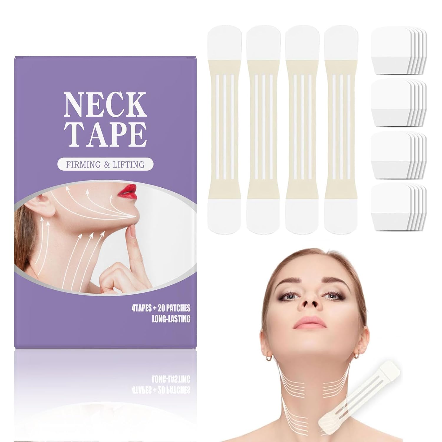 Neck Tape Lifting Invisible, Neck Wrinkle Patches, Instant Lift For Sagging Skin & Wrinkles, Hypoallergenic Neck Behind Lift Tape For All Skin Types (4 Elastic Bands + 20 Replacement Patches)(7 IN)