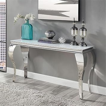 BOWERY HILL Glam Glass Top Sofa Table, 55" L x 16" W x 30" H, White Beveled Tempered Glass and Silver Stainless Steel, Cabriole-Style Legs, Modern Living Room Console Table