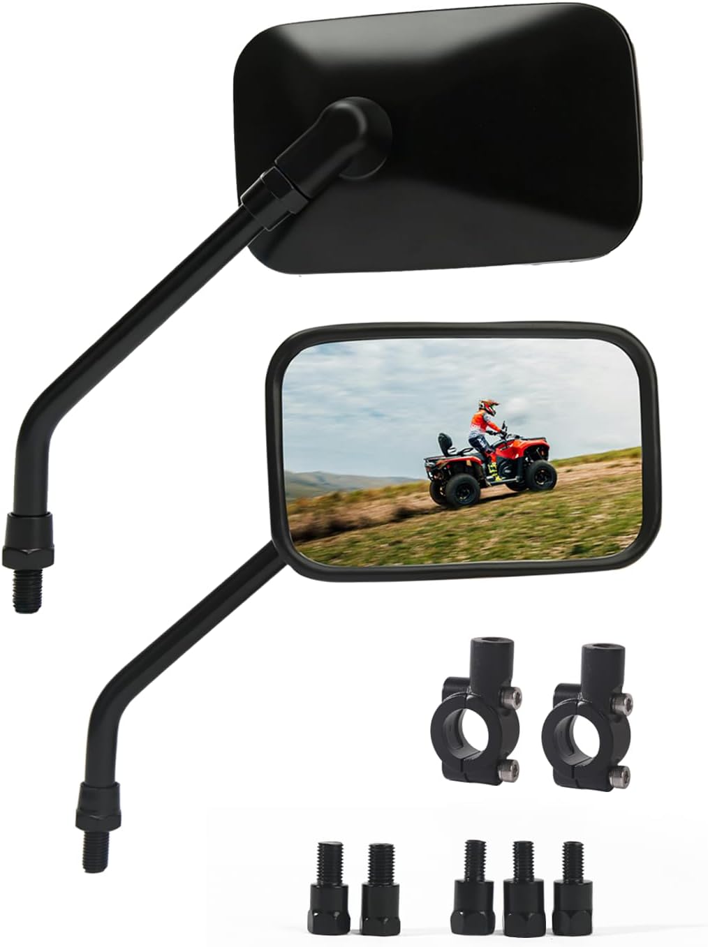 ATV Mirrors, Motorcycle Rear View Side Mirrors with 8mm 10mm Bolt, 7/8" Handlebar Mount Clamp Compatible with Dirt Bike Cruiser Scooter Moped Snowmobile (Rectangular-Black)