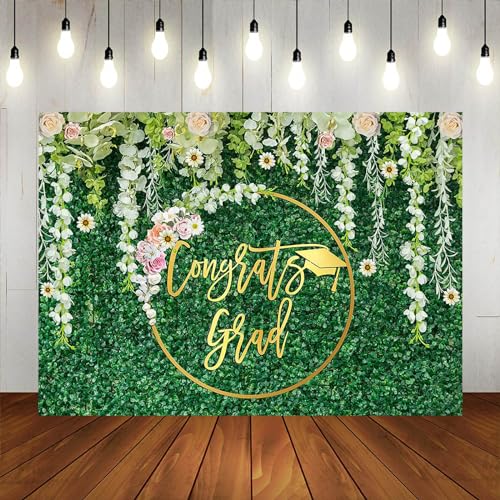 Fitumiw Green Leaves Flowers Graduation Backdrop 7x5ft Congrats Grad Greenery Wall Class of 2025 Prom Background Party Decorations Congratulate Graduation Banner Photo Booth Props