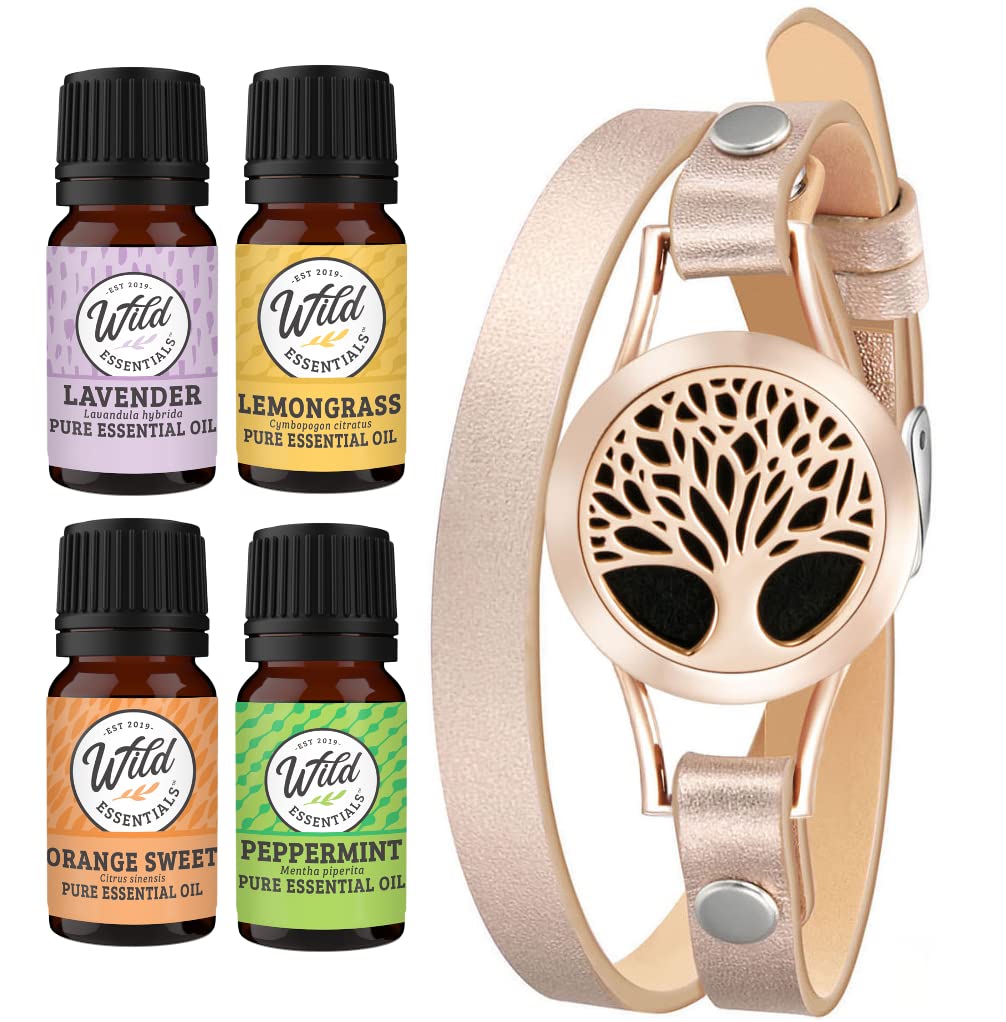 Wild Essentials Rose Gold Tree Essential Oil Leather Wrap Bracelet Diffuser, Gift Set, Lavender, Lemongrass, Peppermint, Orange Oils, 12 Pads, Customizable Color Changing Perfume Jewelry, Aromatherapy