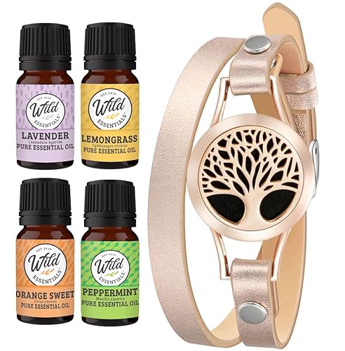 Wild Essentials - Difusor de pulsera de cuero con aceite esencial de árbol de oro rosa, juego de regalo, lavanda, citronela, menta, aceites de