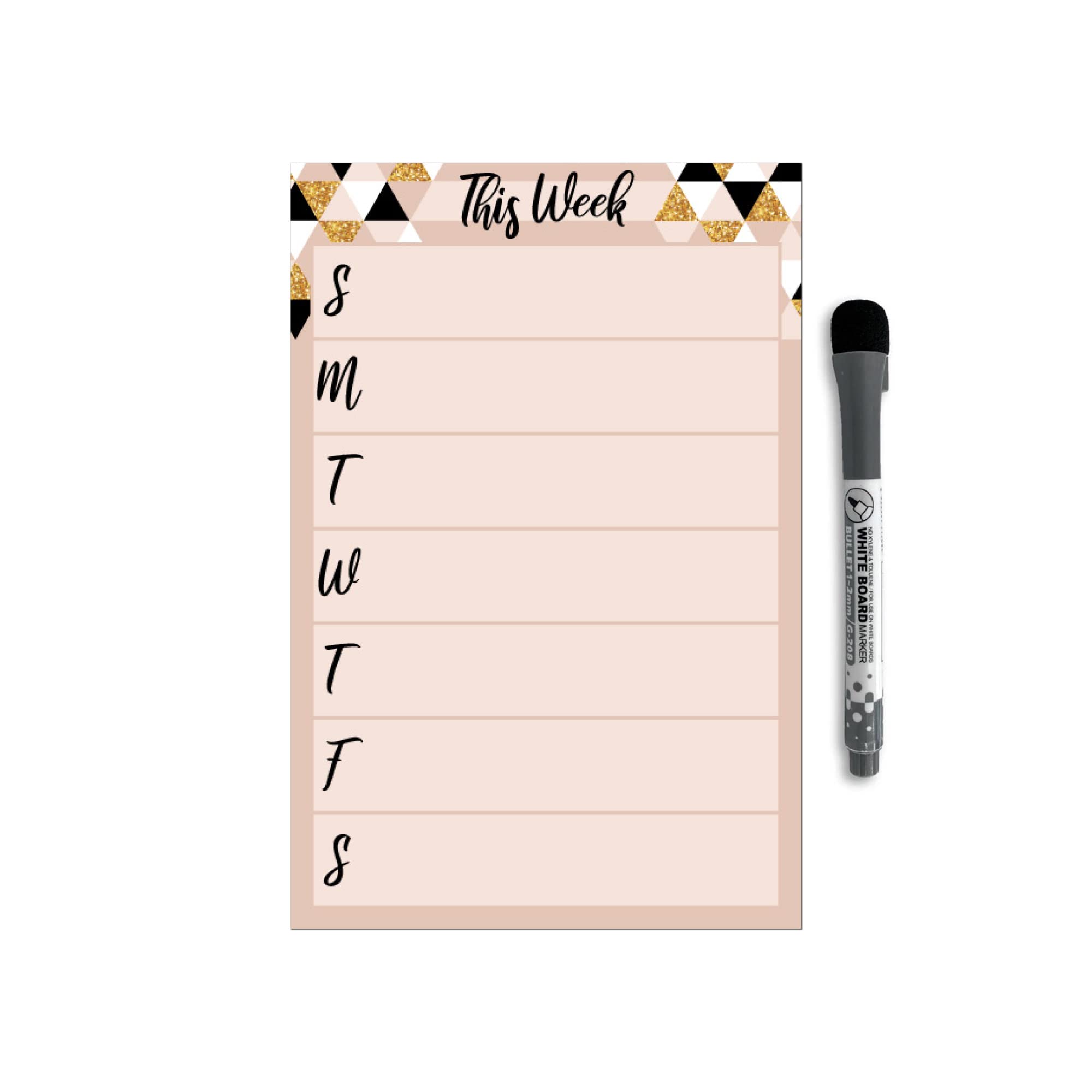 Dry Erase Weekly Calendar Planner Sticker Decal | Removable & Reusable | Magnetic Fine-Tip Marker Included (6 x 9 inches, Rose & Gold)