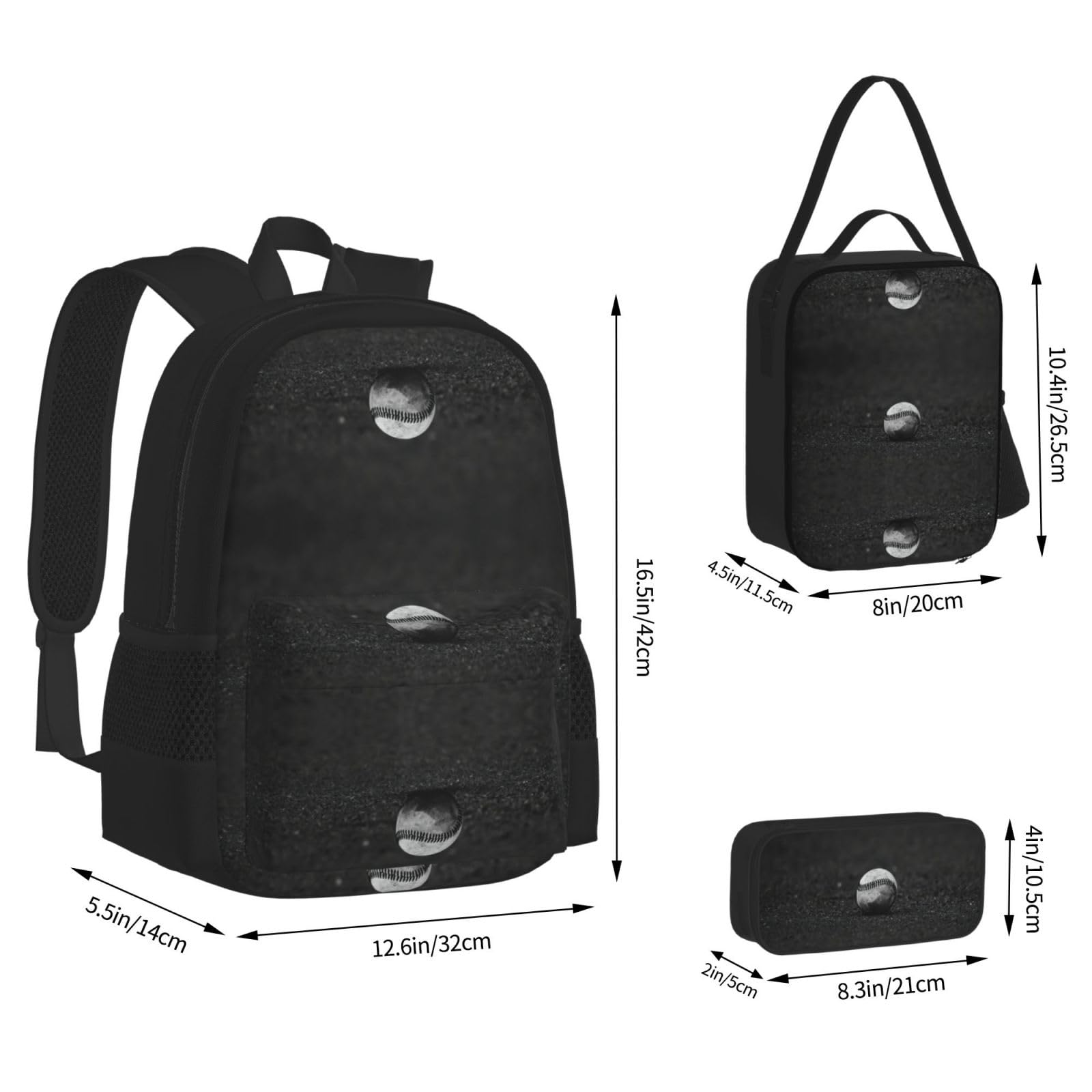 Plecak baseballowy dla dzieci chłopców dziewcząt pudełko na lunch szkoła torba na książki zestaw uczniów szkół średnich student prezent, Czarny, One Size, Bagaż