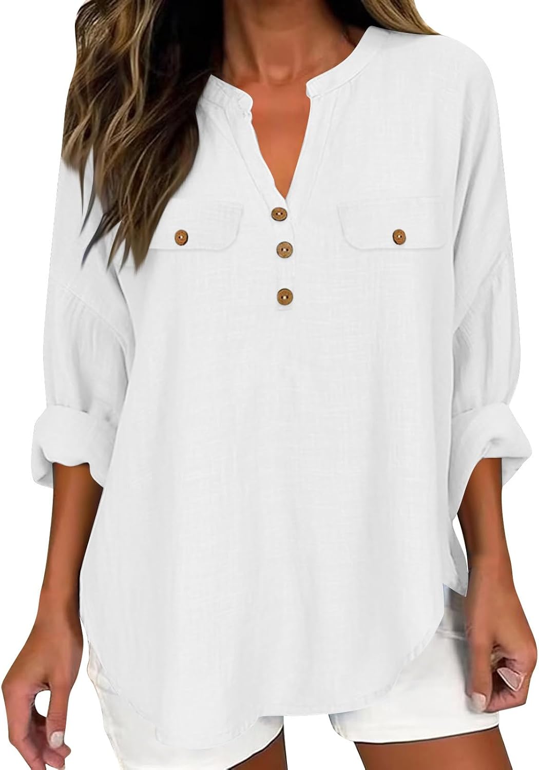 Womens V-Neck Long Sleeve Solid Color Tops Loose Cotton Linen Shirt Loose Fit Rolled Sleeve Tummy Cover Henley Shirts