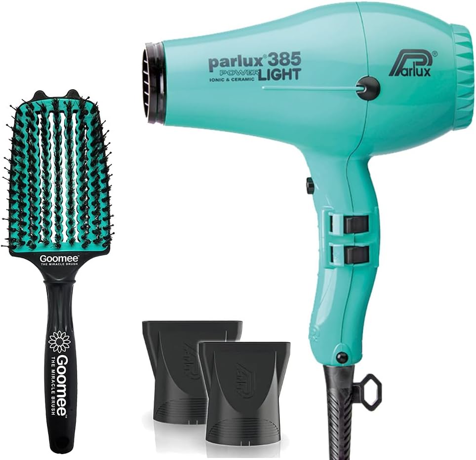 Parlux 385 Powerlight Ionic and Ceramic Teal Hair Dryer with Miracle Large Detangling Brush Mint Green – Lightweight Blow Dryer and Dual Bristle Brush for Smooth, Frizz-Free Hair