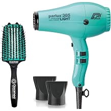 Parlux 385 Powerlight Ionic and Ceramic Teal Hair Dryer with Miracle Large Detangling Brush Mint Green Lightweight Blow Dryer and Dual Bristle Brush for Smooth, Frizz-Free Hair