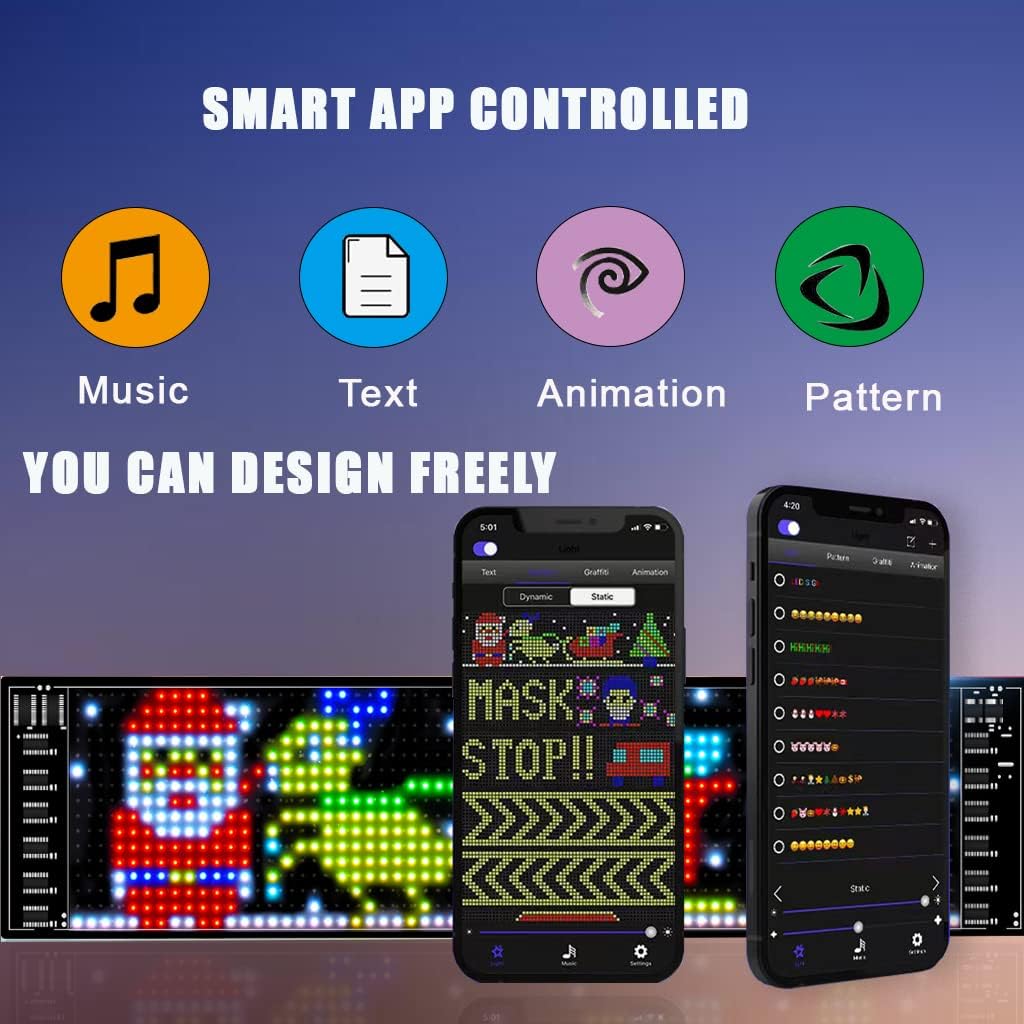 Graphic illustrating smart app control features: Music, Text, Animation, and Pattern, with screenshots of the app interface for designing content.