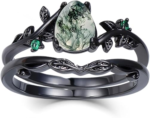 Seiyang Natural Moss Agate Ring 925 Sterling Silver Moss Agate Engagement Ring Set Promise Wedding Jewelry Gift for Women Mom Her