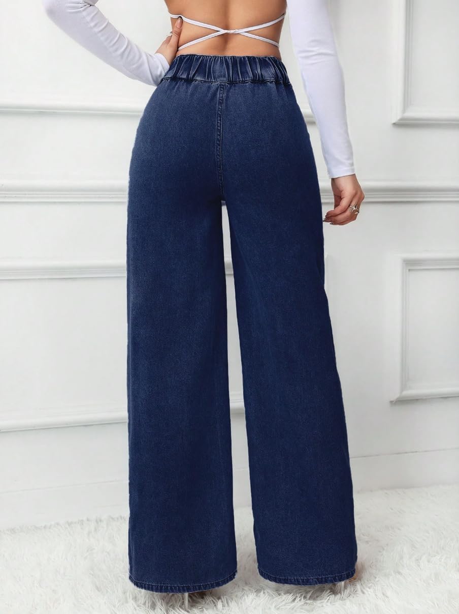 Women's Blue High-Waisted Wide-Leg Jeans with Double-Button Design and Elastic Waistband
