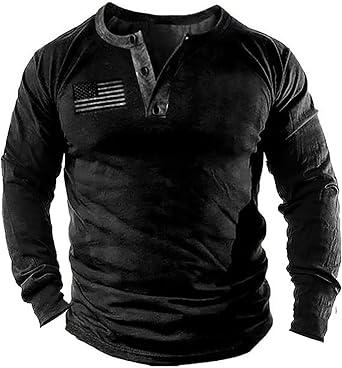 Mens Long Sleeve Henley Shirts American Flag Pattern Printed Spring Fall Casual Lightweight Retro T-Shirt Tops