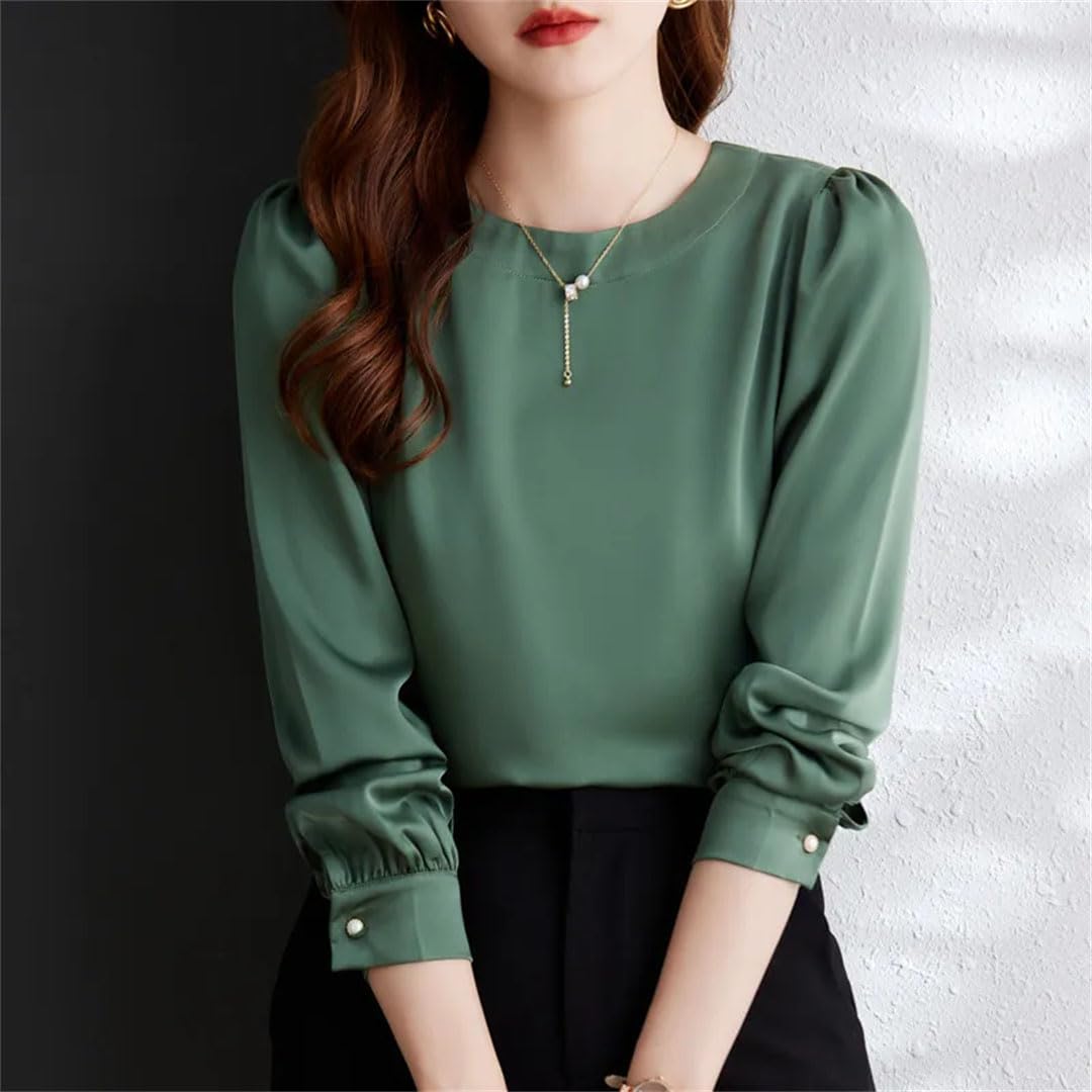 Blusa de satén de manga larga con cuello redondo para mujer, para oficina, trabajo, ropa