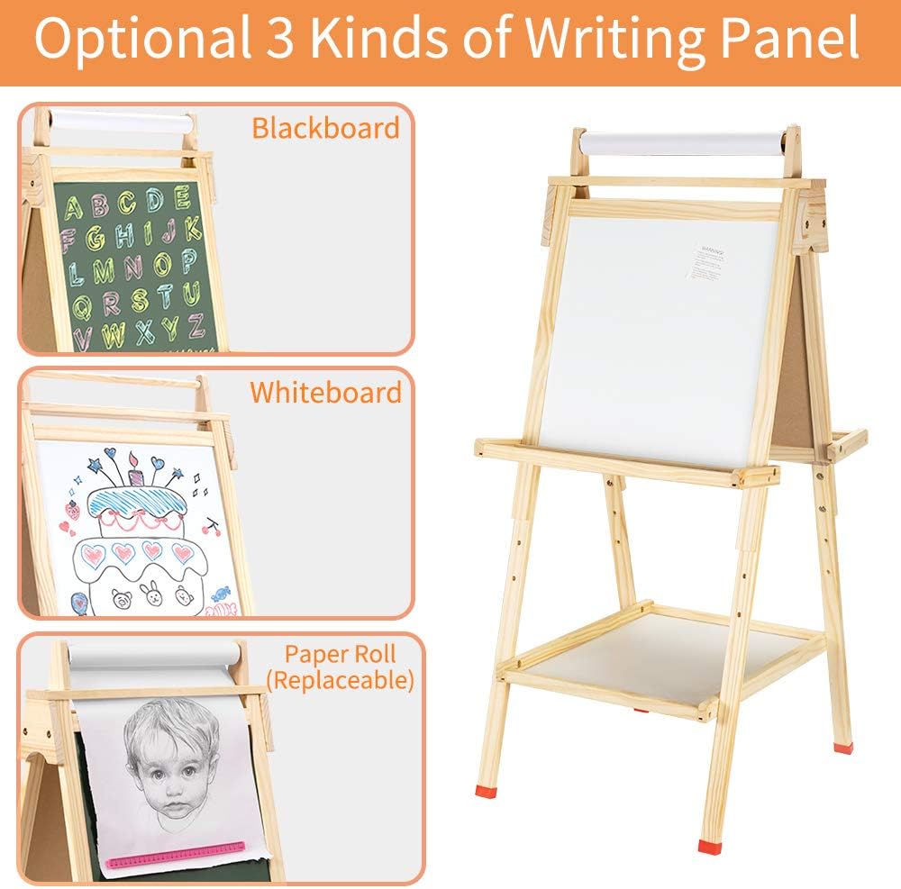 USELUCK Kids Easel with Paper Roll，Double-Sided Drawing Easel-Dry Erase Board & Chalkboard Standing Adjustable Height Drawing Easel Board，Children Easel Paint Set (L) : Toys & Games