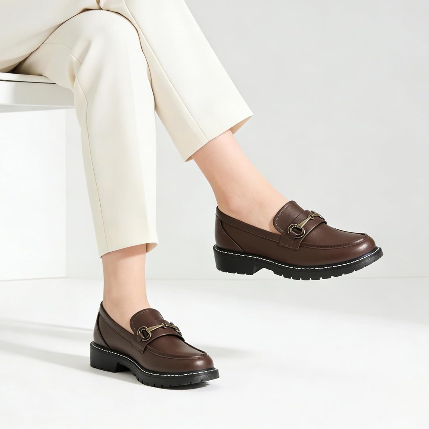 Black Penny Loafers for Women Chunky Comfortable Work Dress Shoes