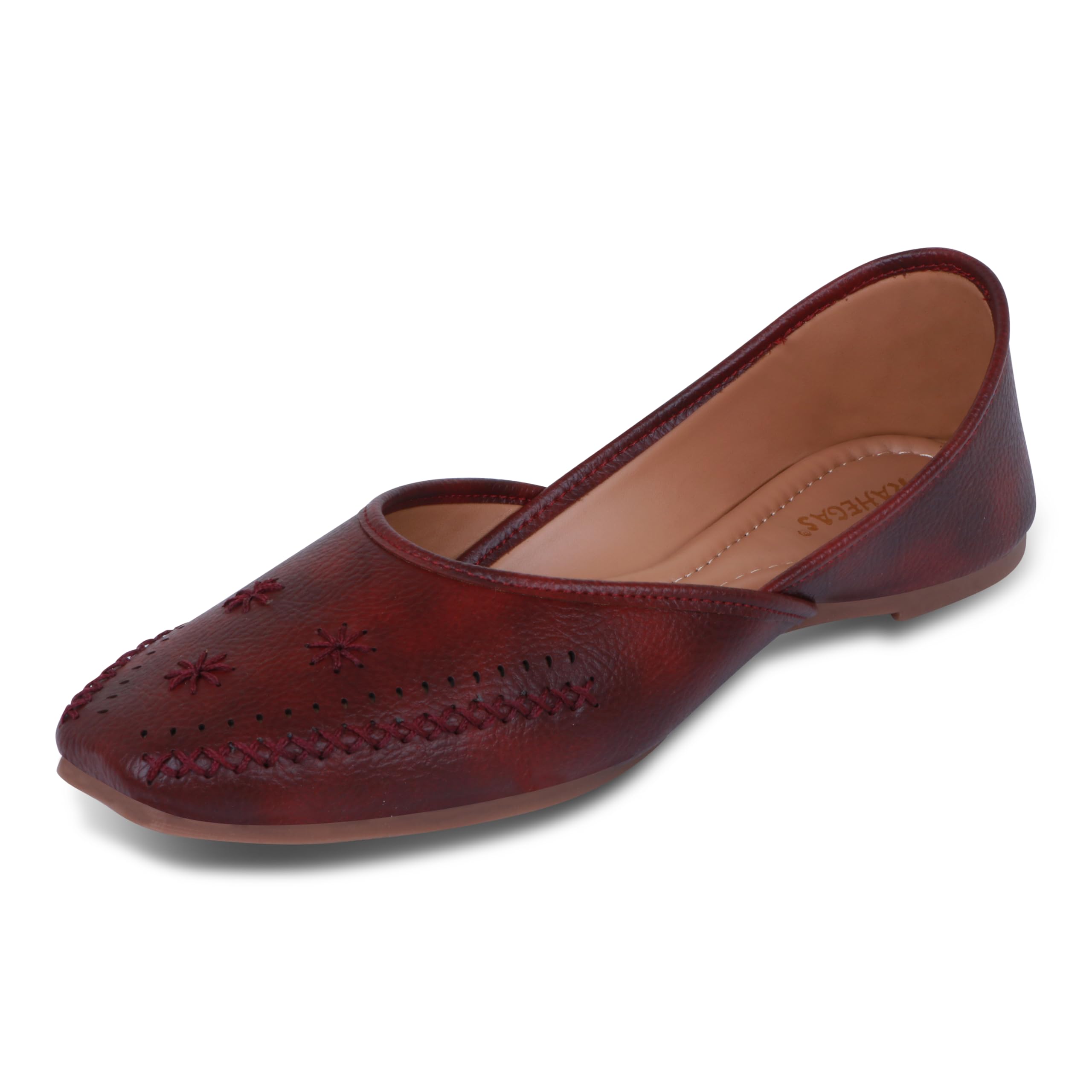 RAHEGAS Women’s Tan & Cherry Jutti | Stylish Punjabi Flat Mojaris | Ethnic Leather Look Footwear for Women & Girls-image-6