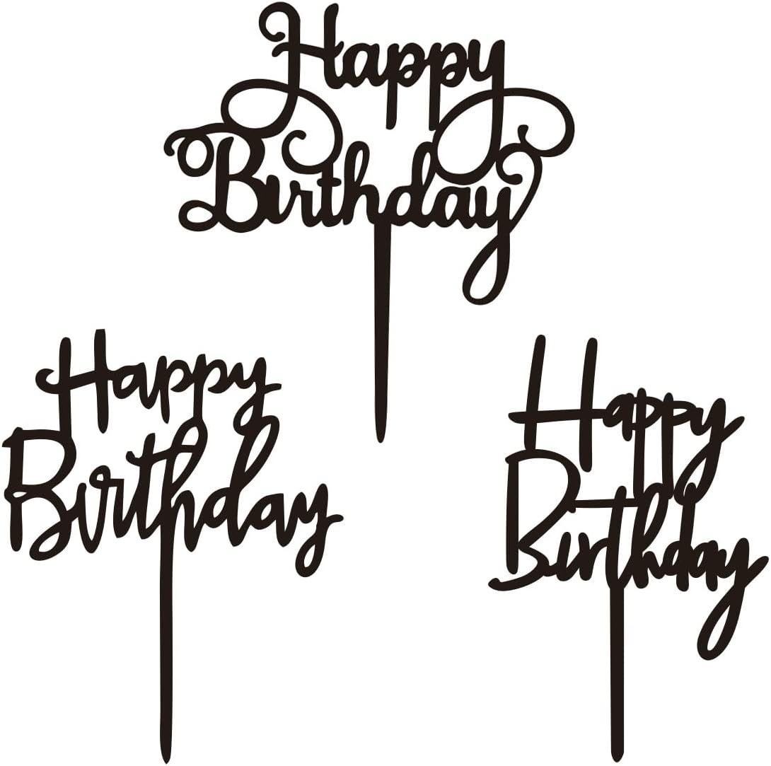 Black Happy Birthday Cake Topper Set, Double-Sided Acrylic Happy Birthday Cake Toppers /Cupcake Toppers for Children or Adults (3 pieces)