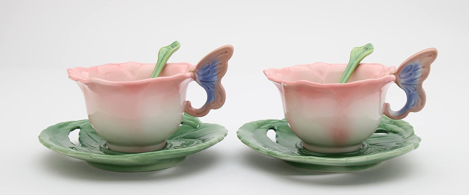 Cosmos Gifts 20854 Fine Porcelain Rose with Butterfly Cup & Saucer Set (6 - Pcs Set, 2 Each Of Cup/Saucer/Spoon), 5-1/2"
