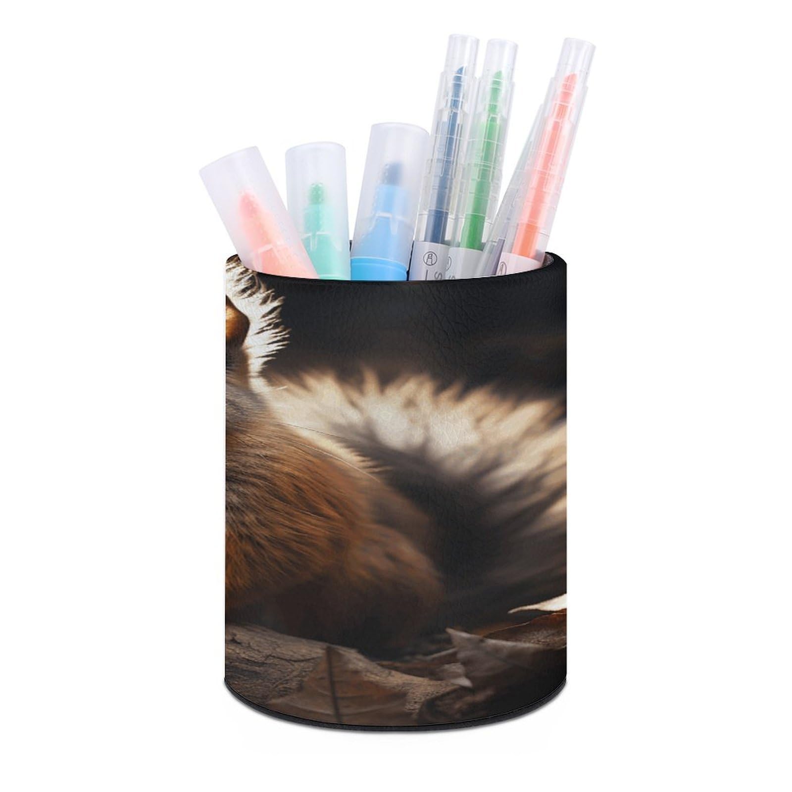 VstaDank Squirrel in The Woods Pen Holder PU Leather Pencil Cup Minimalist Desk Pencil Holder Round Make Up Brush Organizers For Office Dorm Room&Vanity Desk Accessories