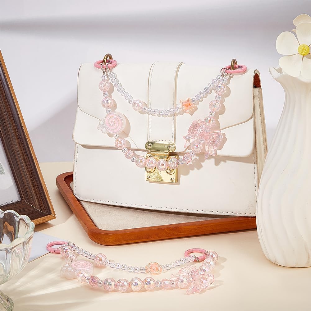 Beebeecraft 2Pcs Pink Bow Bag Chain Plastic Bows Bowknot Candy Star Round Bead Strap Beaded Charm Chains with Alloy Clasps for DIY Crafts Handbags Bags Cell Phone Lanyard Decoration Accessories