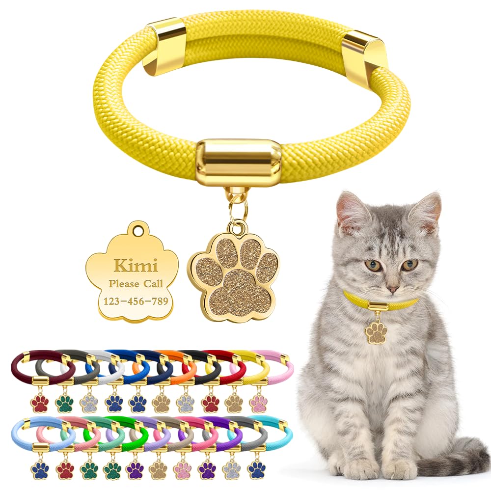 Personalized Breakaway Cat Collars with Magnetic Quick Release Buckle, Custom Engraved Name Tag for Cats (Pure Yellow)