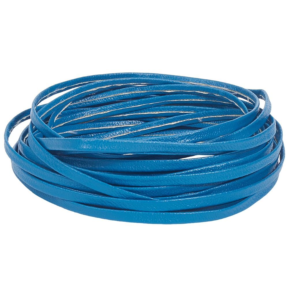GORGECRAFT 5.5 Yards Leather String Strips 5mm Flat Foldover Leather Cord 1mm Thick Double Sided Lychee Grain Rope Lambskin Strap Glossy PU Trim for DIY Crafts, Deep Sky Blue